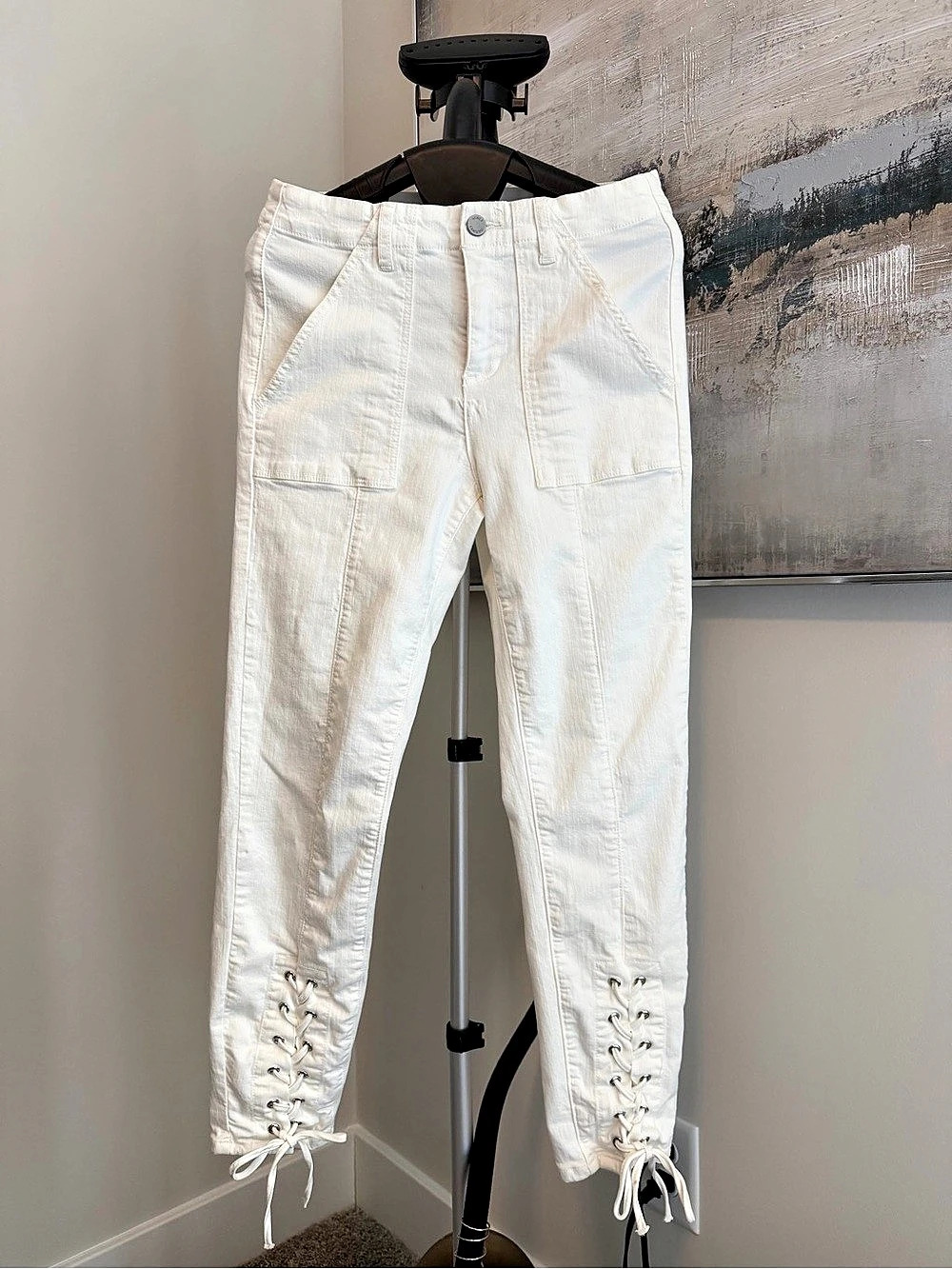 Vince Camuto Skinny Lace Up Ankle Pants, Off White, Size 6
